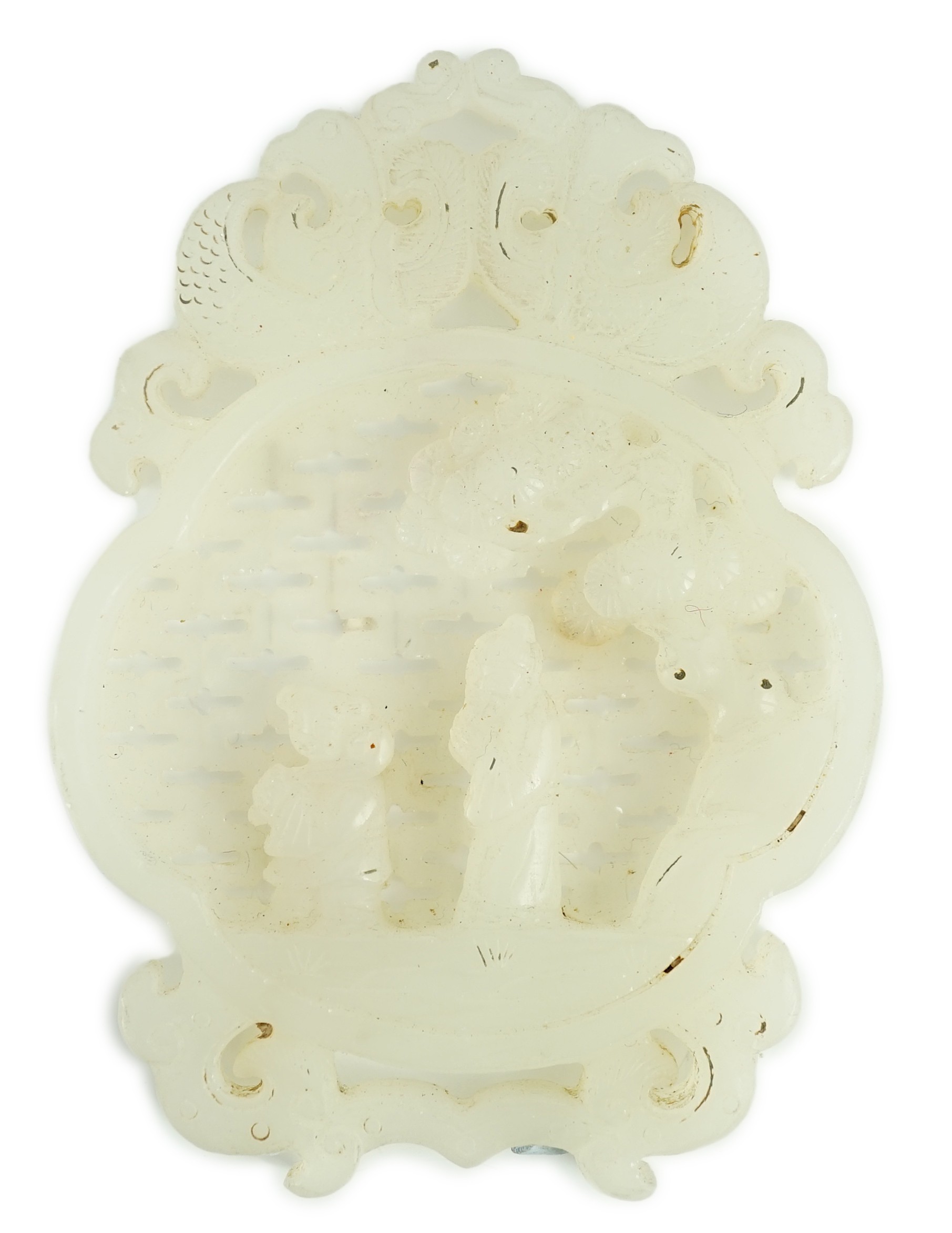 A Chinese white jade reticulated plaque, 19th century, 10.2cm high